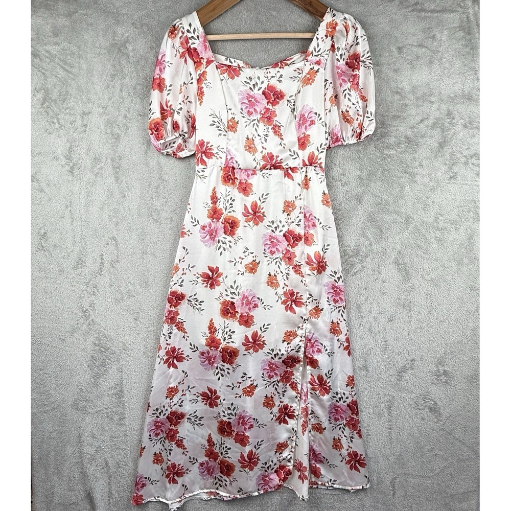 Altar'd State Midi Dress Womens M‎ Floral Square Neck Puff Sleeves Smocked Slit